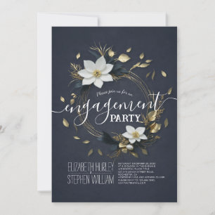 Black White & Gold Floral Wedding Engagement Party Invitation