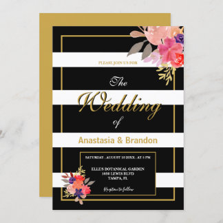 Black, White & Gold Floral Wedding Invitation