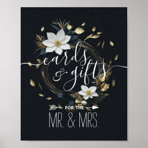 Black White Gold Floral Wreath Cards Gifts Wedding Poster