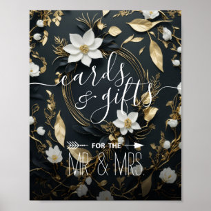 Black White Gold Floral Wreath Cards Gifts Wedding Poster