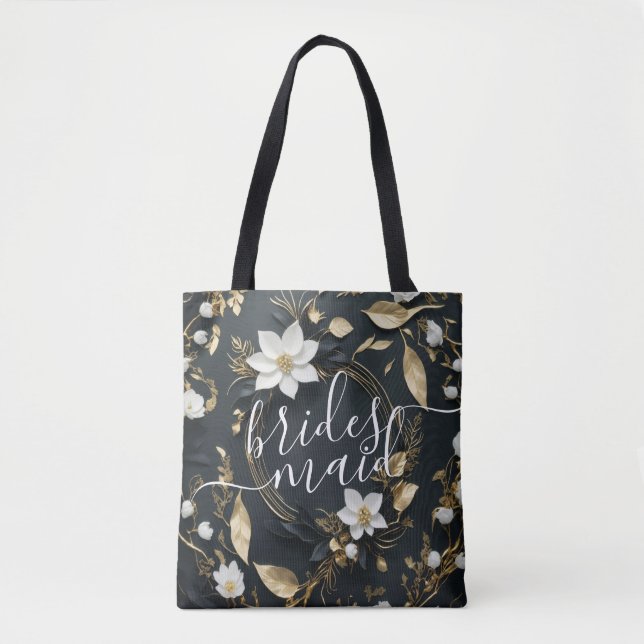 Black White Gold Floral Wreath Wedding Bridesmaids Tote Bag (Front)