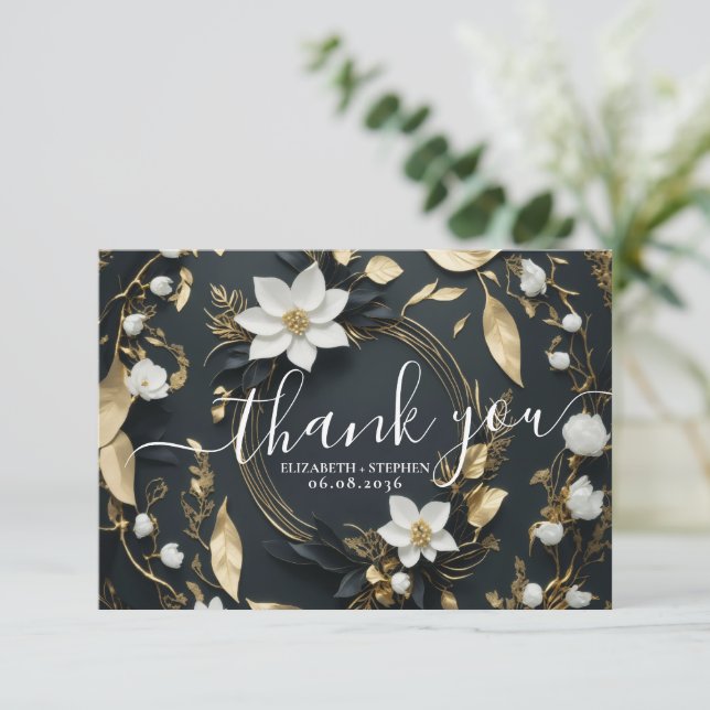 Black White Gold Floral Wreath Wedding Thank You (Standing Front)