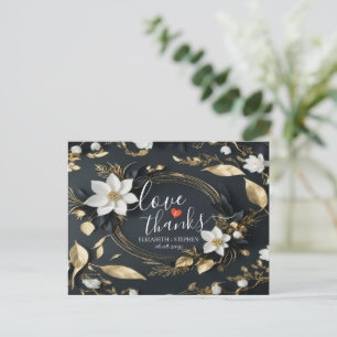 Black White & Gold Floral Wreath Wedding Thank You Postcard