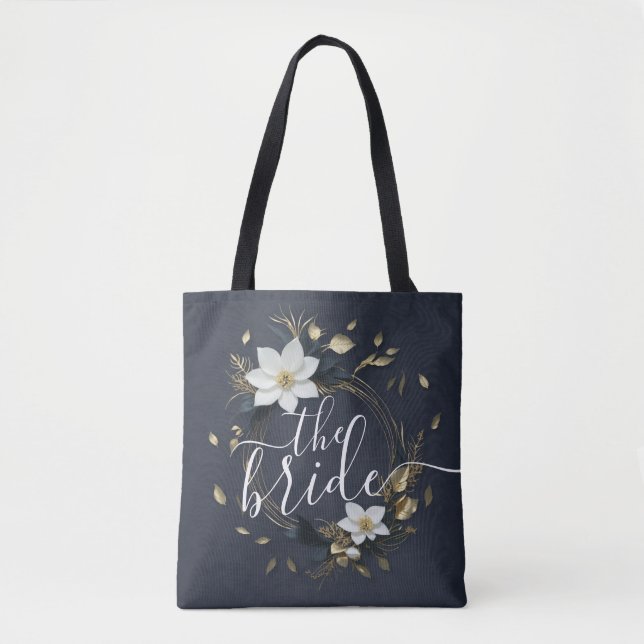 Black White & Gold Floral Wreath Wedding The Bride Tote Bag (Front)