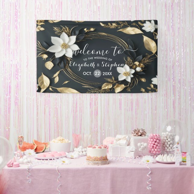 Black White Gold Floral Wreath Wedding Welcome Banner (Party)