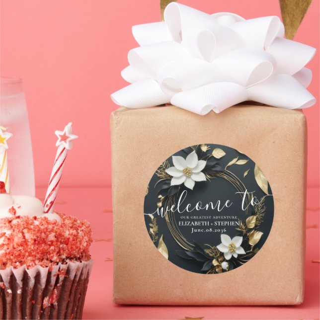 Black White Gold Floral Wreath Wedding Welcome Classic Round Sticker (Party)