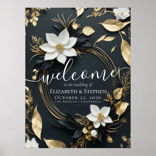 Black White Gold Floral Wreath Wedding Welcome Poster (Front)
