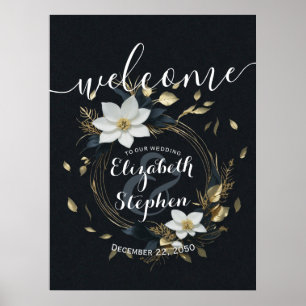 Black White Gold Floral Wreath Wedding Welcome Poster