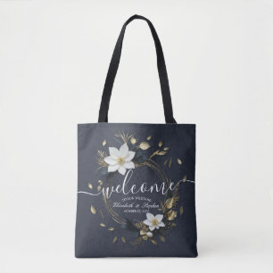 Black White Gold Floral Wreath Wedding Welcome Tote Bag