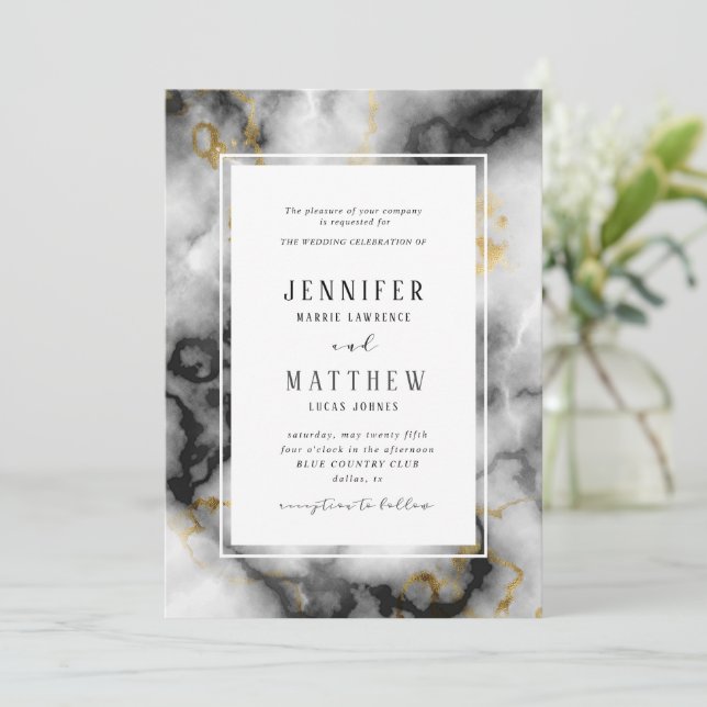 Black White Gold Foil Agate Marble Wedding Invitation (Standing Front)