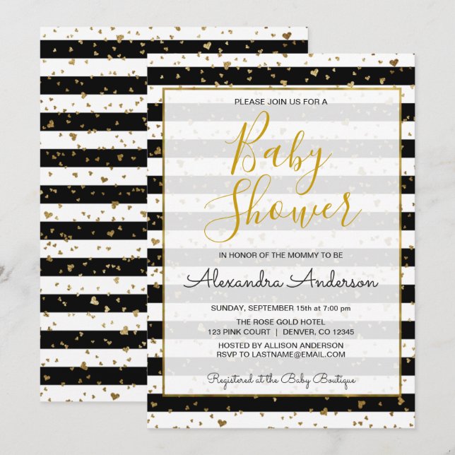 Black & White Gold Foil Hearts Girl's Baby Shower Invitation (Front/Back)
