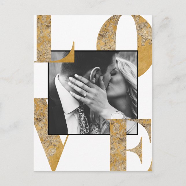 Black White Gold Foil Photo Save the Date Postcard (Front)