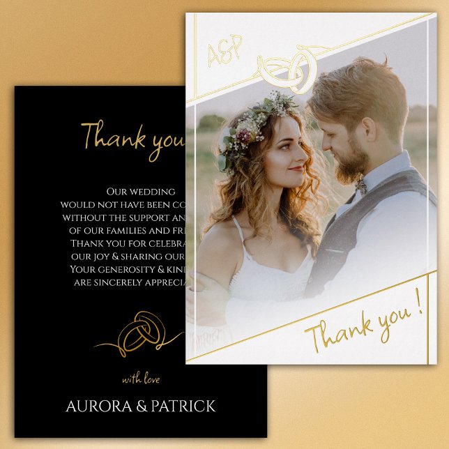 Black White Gold Foil Wedding Photo Thank You Card (Black White Gold Foil Wedding Photo Thank You Card)