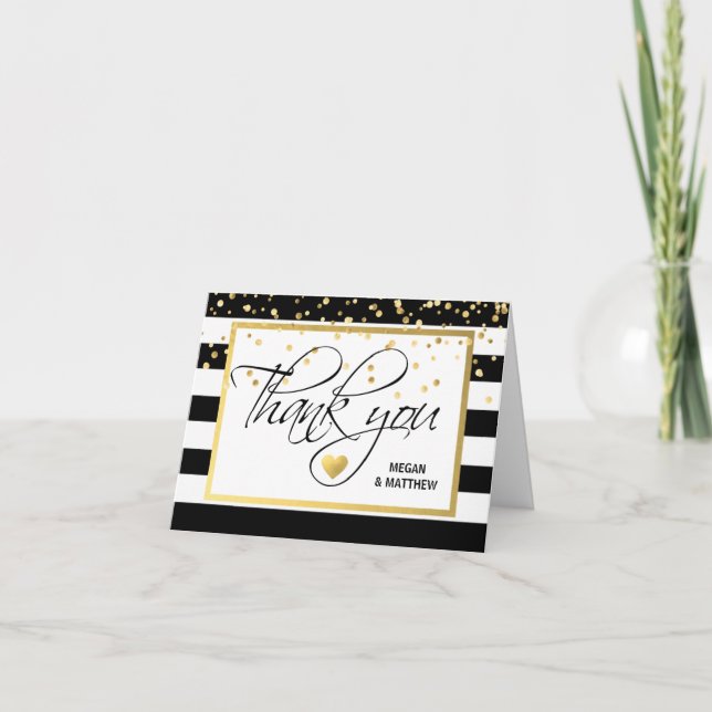 Black White Gold Foil WEDDING Thank You PHOTO Card (Front)