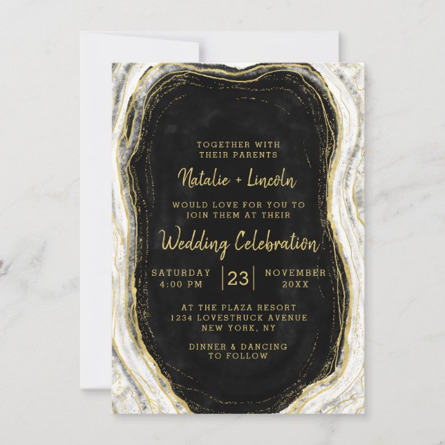 Black White & Gold Geode Agate Marble Wedding Invitation (Front)