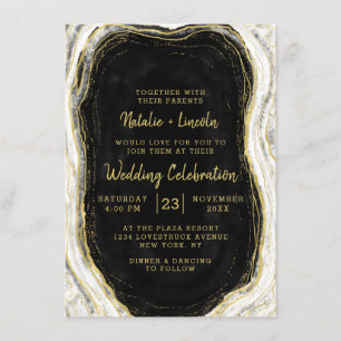 Black White & Gold Geode Agate Marble Wedding Invitation