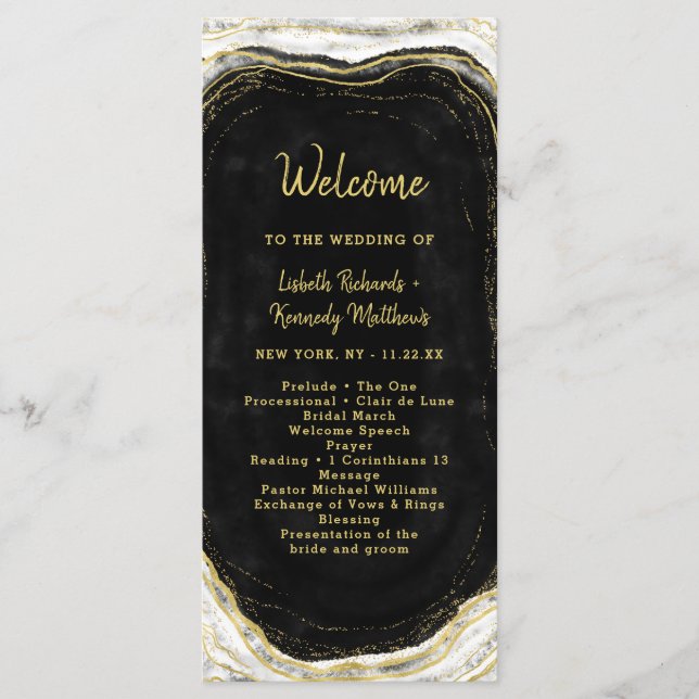 Black White & Gold Geode Agate Wedding Ceremony Programme (Front)