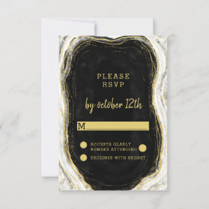 Black White & Gold Geode Agate Wedding RSVP Reply Card