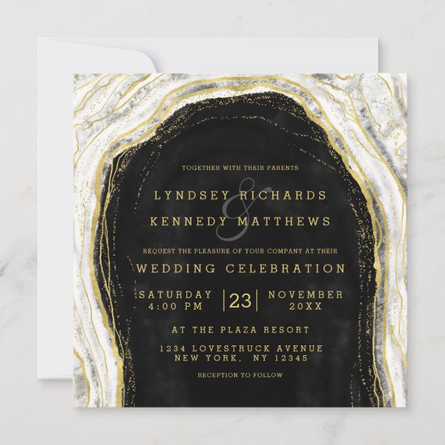 Black White & Gold Geode Slice Wedding Square Invitation (Front)