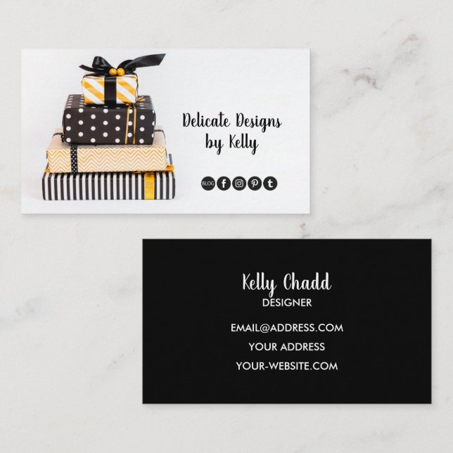 Black White Gold Gift Boxes Business Card (Front/Back)
