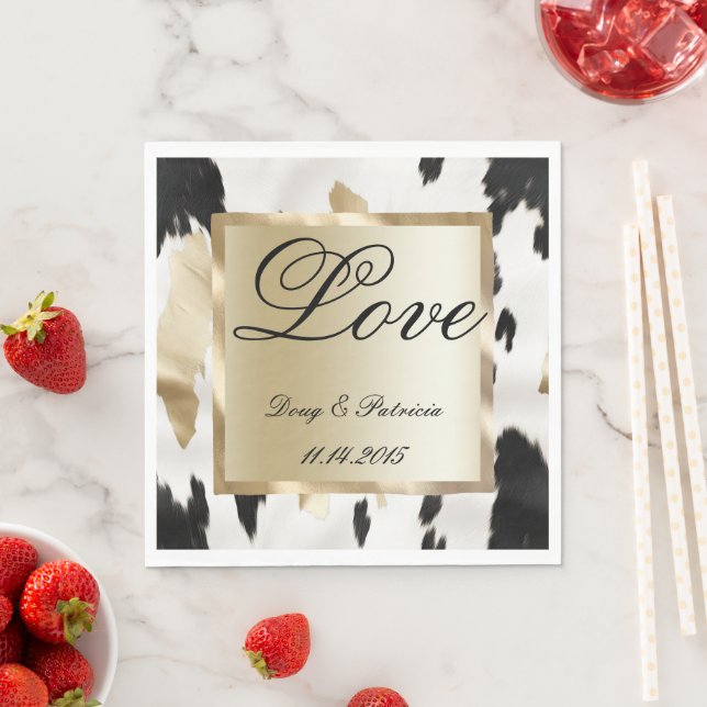 Black White Gold Glam Cowhide Southwest Wedding Napkin (Insitu)