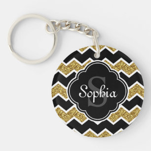 Black White Gold Glitter Chevron Pattern Key Ring
