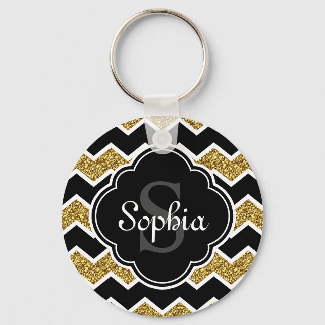 Black White Gold Glitter Chevron Pattern Key Ring (Front)