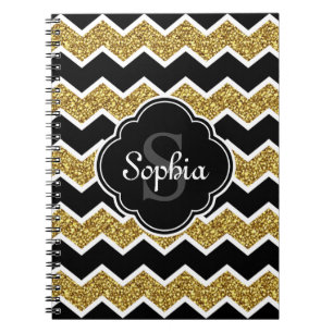 Black White Gold Glitter Chevron Pattern Spiral Notebook