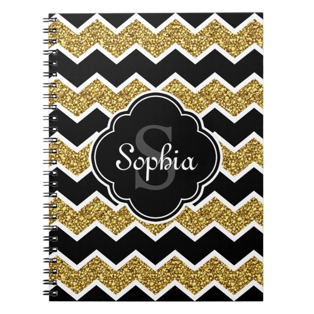 Black White Gold Glitter Chevron Pattern Spiral Notebook (Front)
