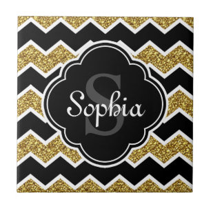 Black White Gold Glitter Chevron Pattern Tile