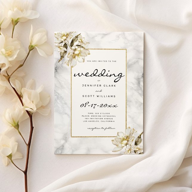 Black white gold glitter marble flowers Wedding Invitation (Black white gold glitter marble flowers Wedding)