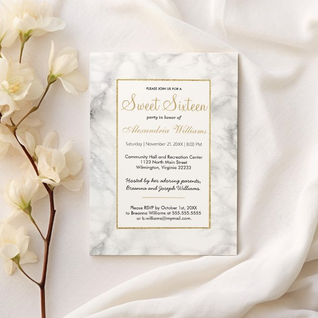 Black white gold glitter marble Sweet Sixteen Invitation (Black white gold glitter marble Sweet Sixteen )