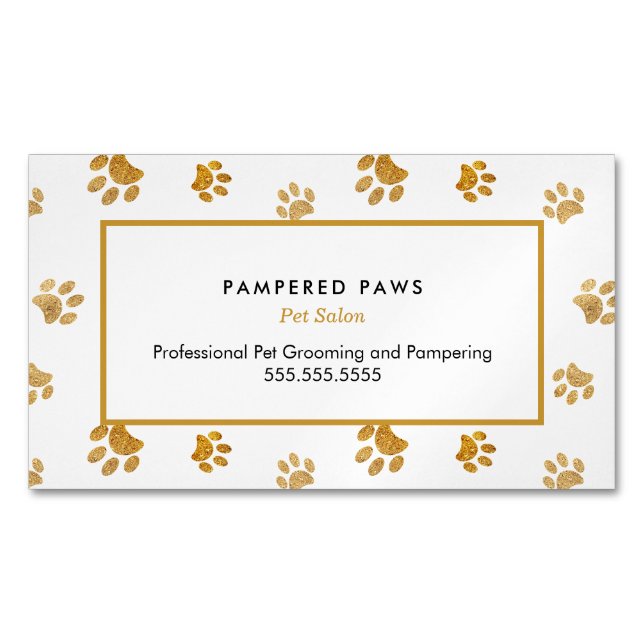 Black White Gold Glitter Paw Prints Pet Salon Magnetic Business Card (Front)