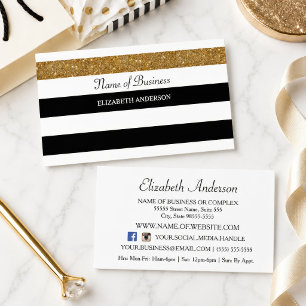 Black White Gold Glitter Stripe Business Card