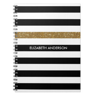 Black White Gold Glitter Stripe Name Spiral Notebook