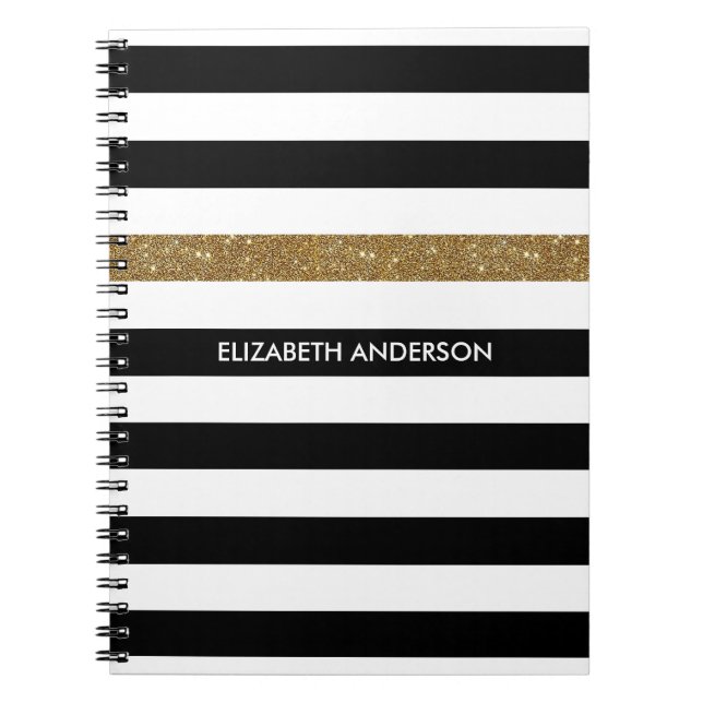 Black White Gold Glitter Stripe Name Spiral Notebook (Front)