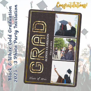 Black & White Gold Graduation 2025 – 3 Photo Party Invitation