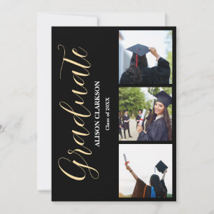 Black & White Gold Graduation 2025 3 Photos Party Invitation