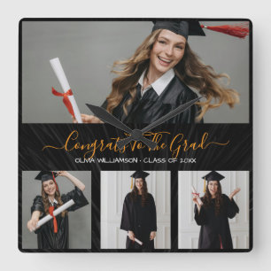 Black,white & gold graduation 4 photo collage square wall clock