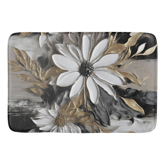 Black White Gold Grey Floral Print Bath Mat (Front)