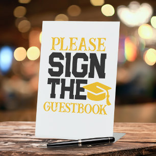 Black, White & Gold Guestbook Graduation Table Pedestal Sign