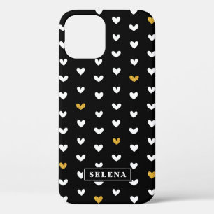 Black White Gold Heart Pattern with Custom Name iPhone 12 Case