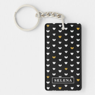 Black White Gold Heart Pattern with Custom Name Key Ring