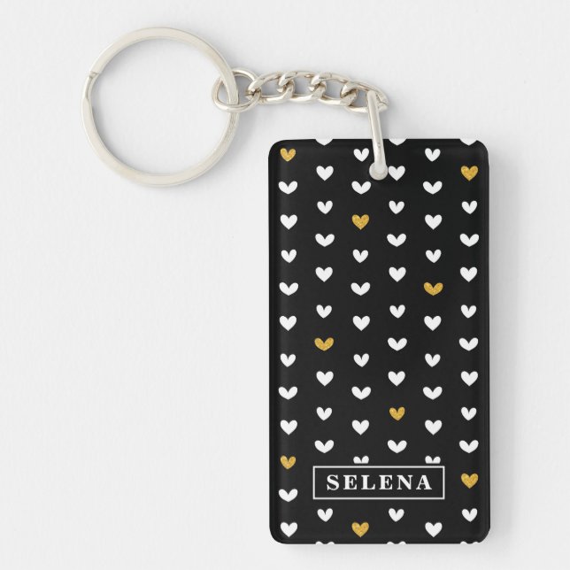Black White Gold Heart Pattern with Custom Name Key Ring (Front)