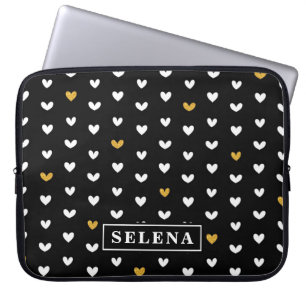 Black White Gold Heart Pattern with Custom Name Laptop Sleeve