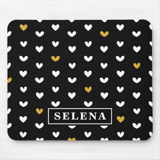 Black White Gold Heart Pattern with Custom Name Mouse Pad (Front)