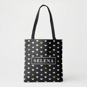 Black White Gold Heart Pattern with Custom Name Tote Bag