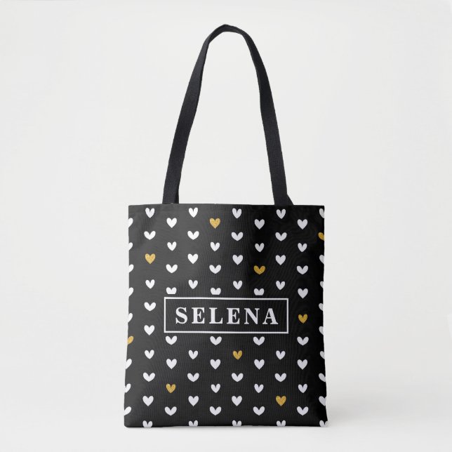 Black White Gold Heart Pattern with Custom Name Tote Bag (Front)