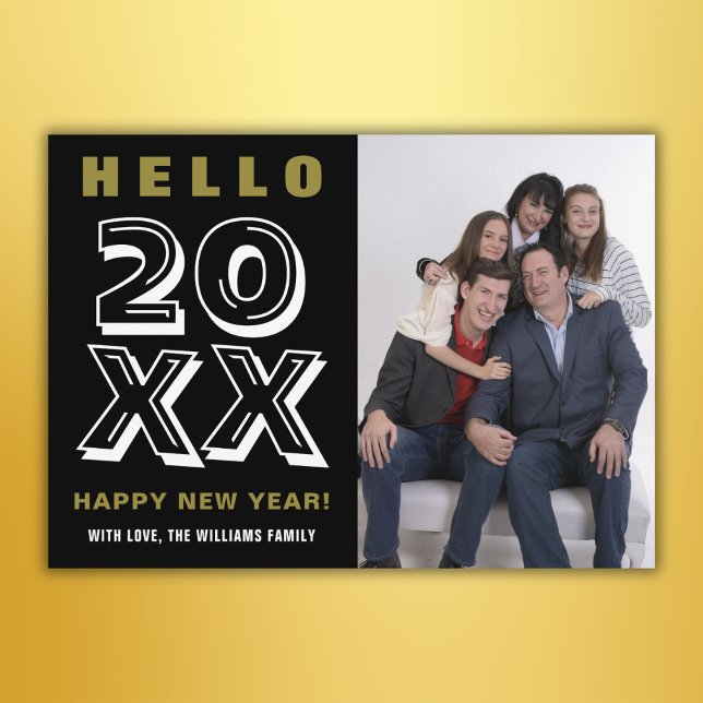 Black White Gold Hello Happy New Year Family Photo Holiday Card (Creator Uploaded)