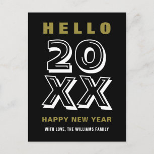 Black White Gold Hello Happy New Year Typography Postcard